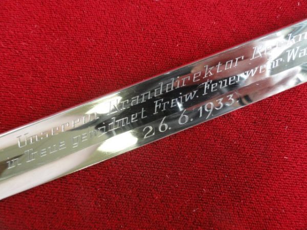 Presentation Third Reich Fire Official's Silver Lion Head Sword w/Double-Etched Blade (#23249)